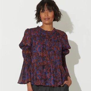 Cleobella Ines Blouse Bell Sleeve Ruffle Neck Long Sleeved Top Size Large